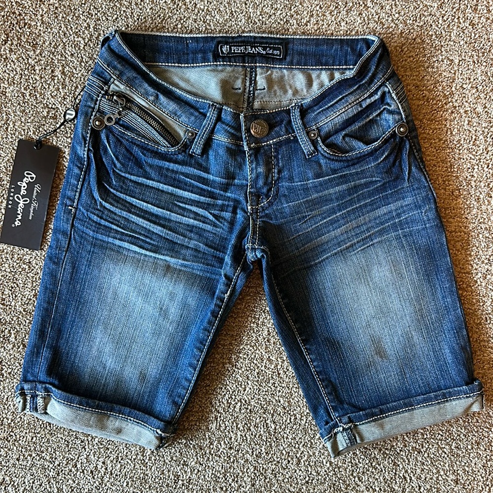 Pepe London Denim Bermuda Shorts Zipper Pockets New Sz 24